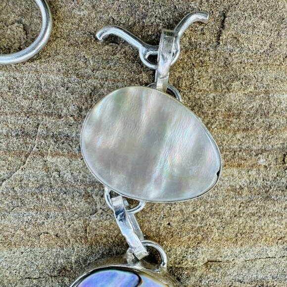 VTG Link Bracelet Size 7.5 MOP Shell Teardrop Cabs 925 Sterling Silver 21.5g - Picture 7 of 12